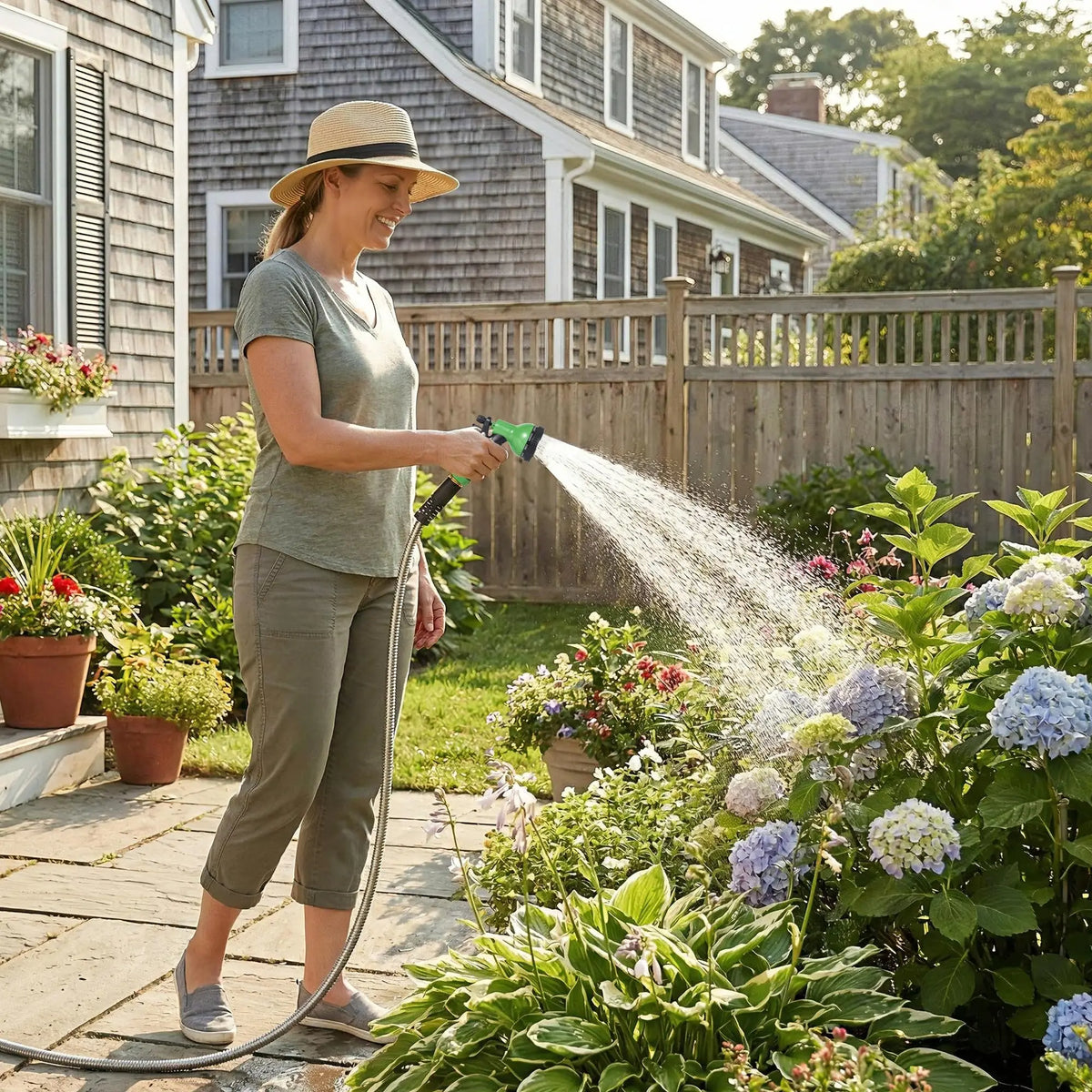 50/100/150FT Stainless Steel Garden Hose With 10-Function Spray Nozzle Kink-Free Metal Water Hose Brass Connectors