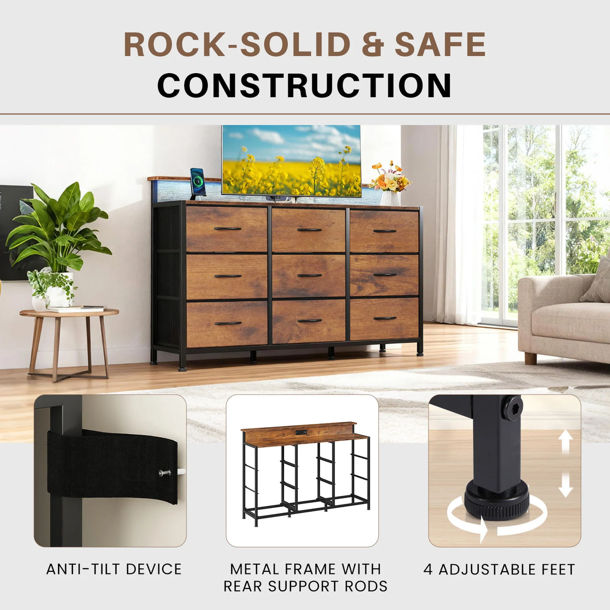 MCQ Living Room TV Stand Cabinet For 32-52 inch 9 Fabric Drawers Wood Top Media Console with Storage Display Of Home Furniture