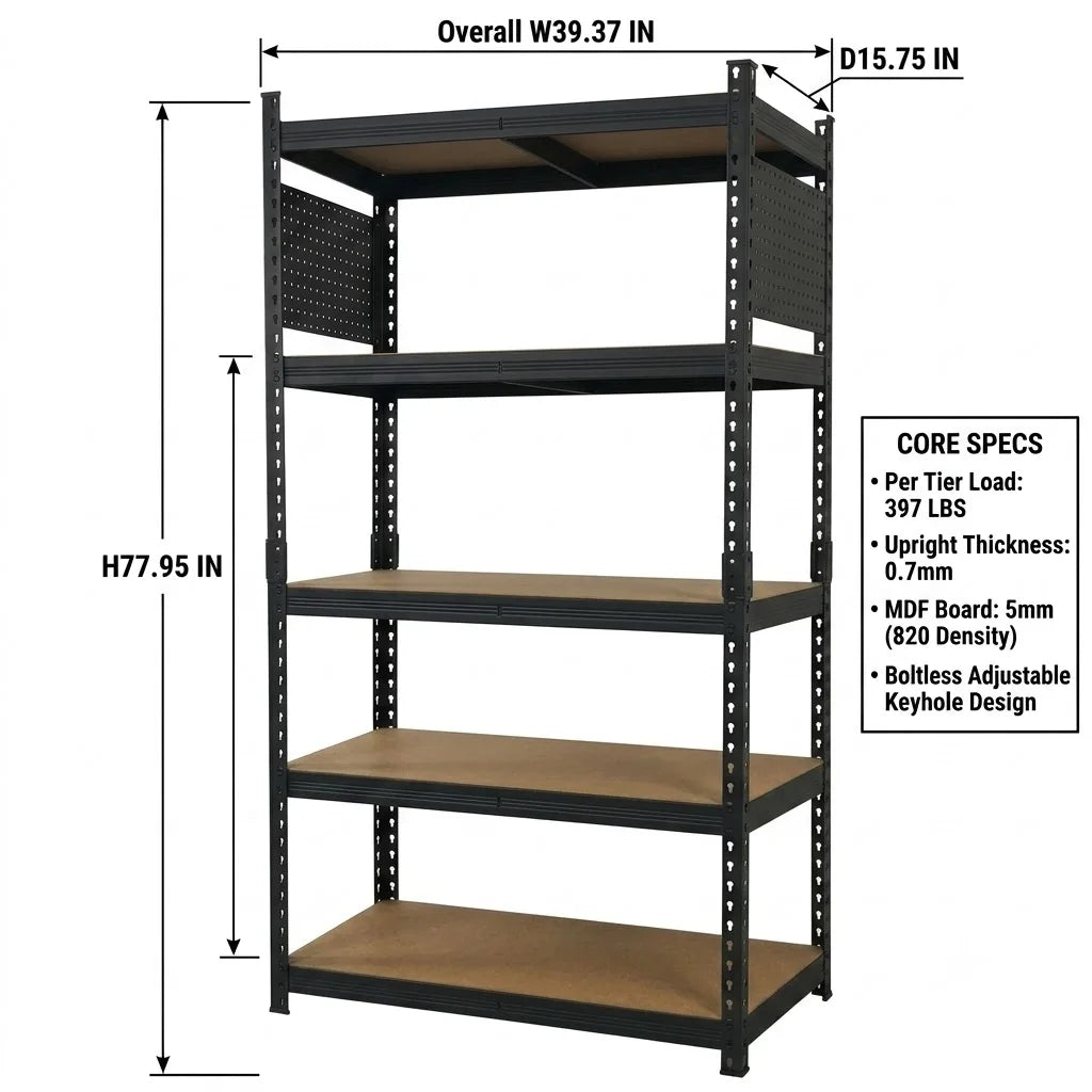 5-Tier Heavy Duty Boltless Storage Rack, 397 LBS Per Tier, Double Folded Keyhole Metal Frame, Matte Black Rust-Proof Finish, 5mm High-Density MDF Boards, 77.95×39.37×15.75 Inch Adjustable Organizer for Garage, Basement, War