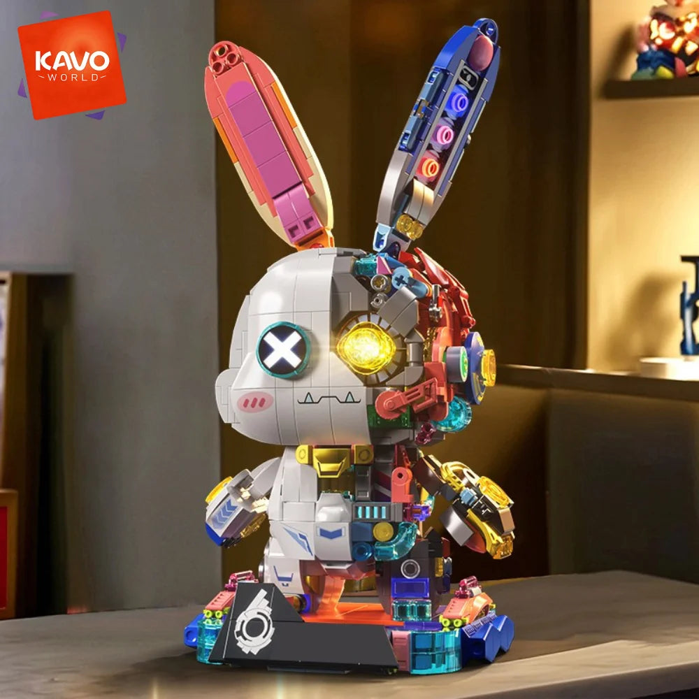 KAVOWORLD Cyberpunk Mechanical Rabbit Building Blocks Set LED Light Up Glow-in-the-Dark Bunny Bricks Kit with Gold-plated Parts Semi-transparent Disassembly Design Collectible Desk Decor for Teens Adults Birthday Christmas Gi