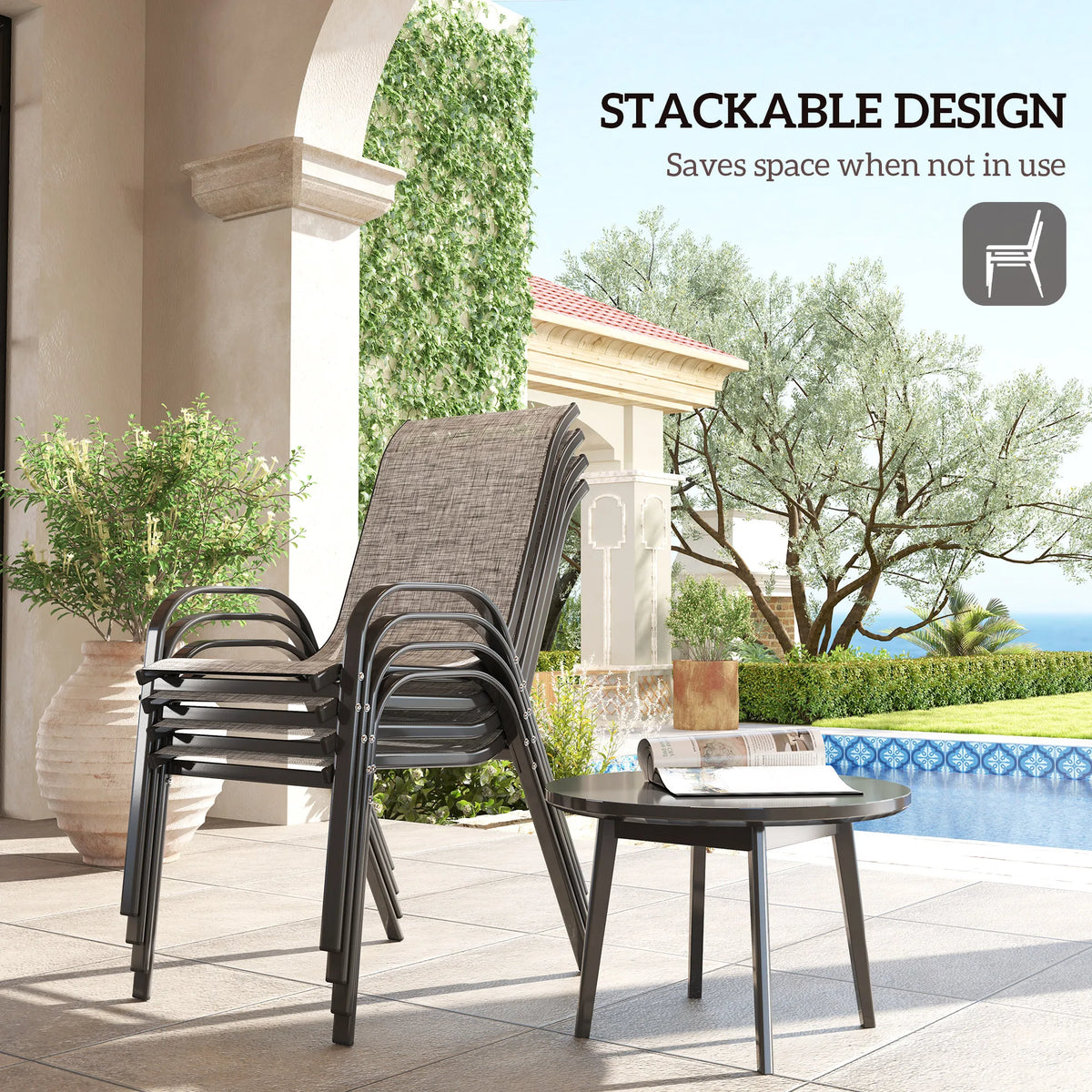 Set of 4 Patio Dining Chairs, Stackable Outdoor Chairs, Mixed Gray