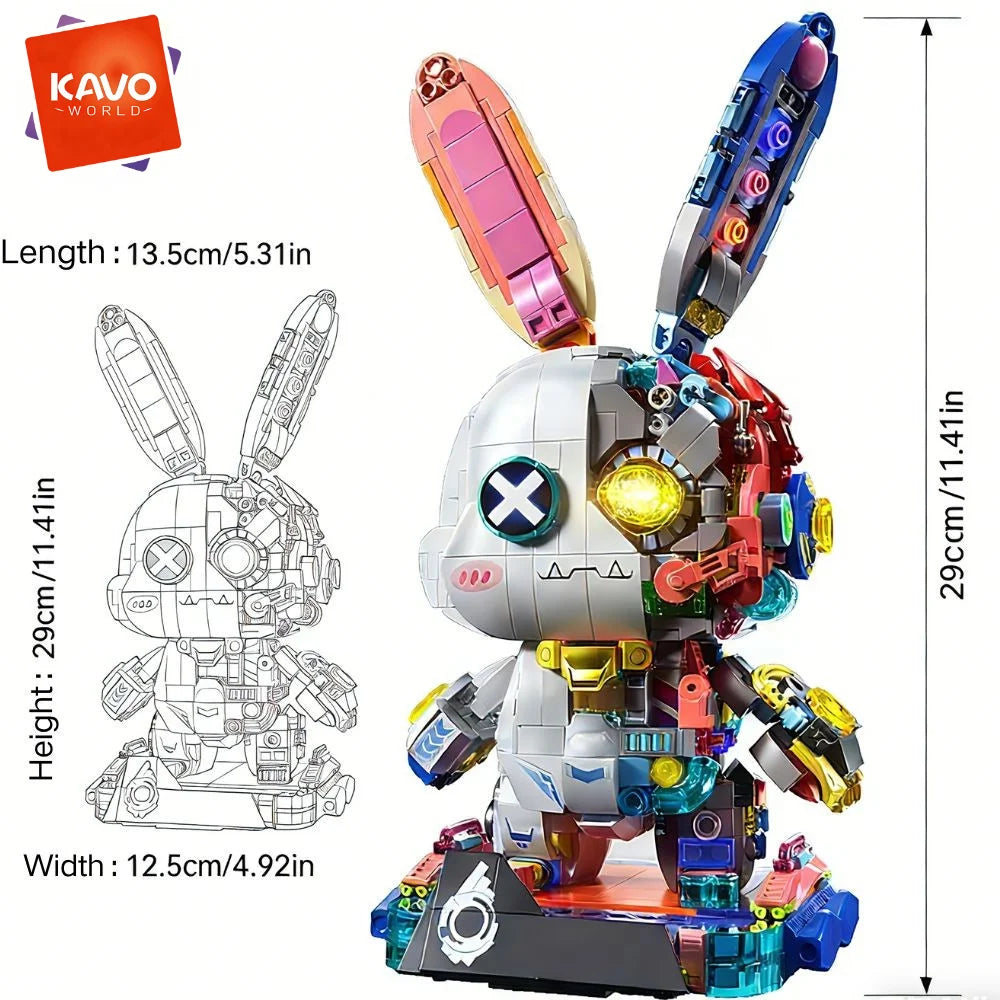 KAVOWORLD Cyberpunk Mechanical Rabbit Building Blocks Set LED Light Up Glow-in-the-Dark Bunny Bricks Kit with Gold-plated Parts Semi-transparent Disassembly Design Collectible Desk Decor for Teens Adults Birthday Christmas Gi