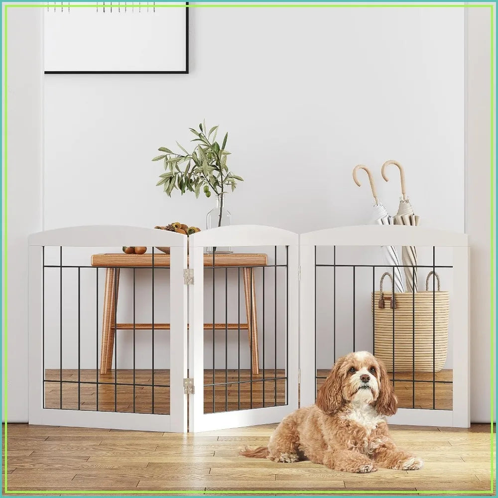 Free Standing Dog Gate for House, Stairs, Doorways - Foldable Wooden Pet Fence, 60"W x 24"H, 3 Panels, White