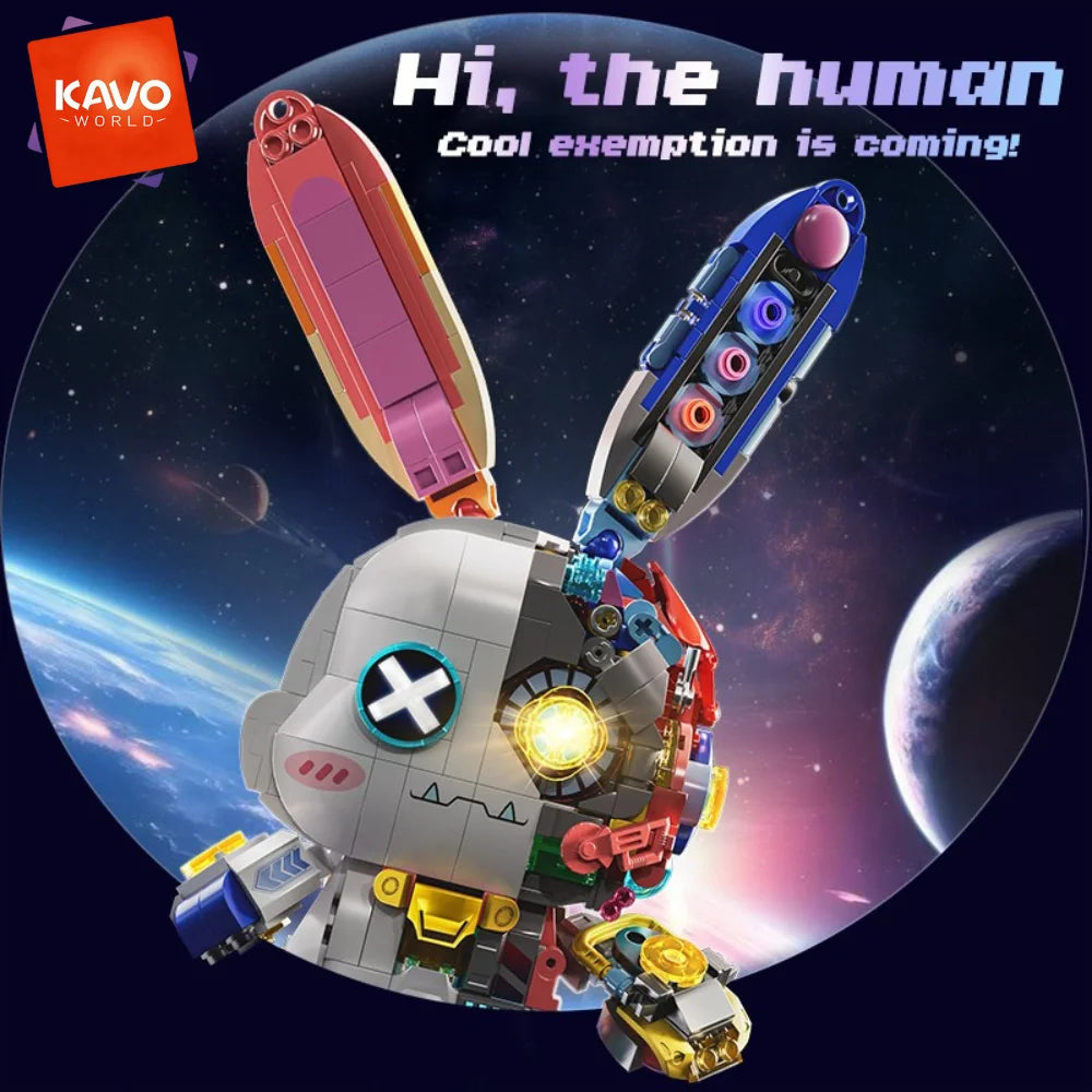 KAVOWORLD Cyberpunk Mechanical Rabbit Building Blocks Set LED Light Up Glow-in-the-Dark Bunny Bricks Kit with Gold-plated Parts Semi-transparent Disassembly Design Collectible Desk Decor for Teens Adults Birthday Christmas Gi
