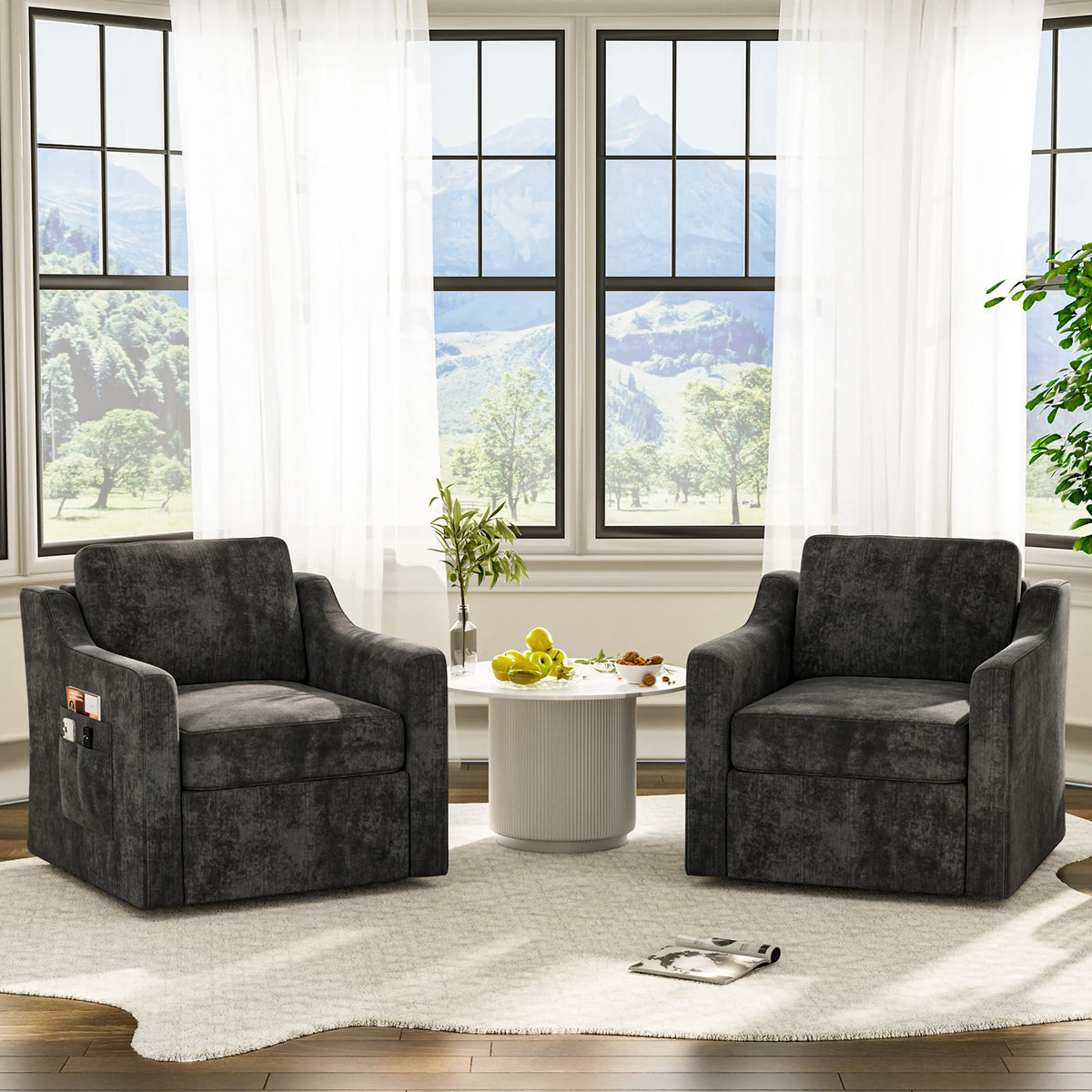 360° Swivel Accent Chair Set of 2, Large Comfy Reading Chairs, Accent Square Single-seat Armchair Upholstered Sofa