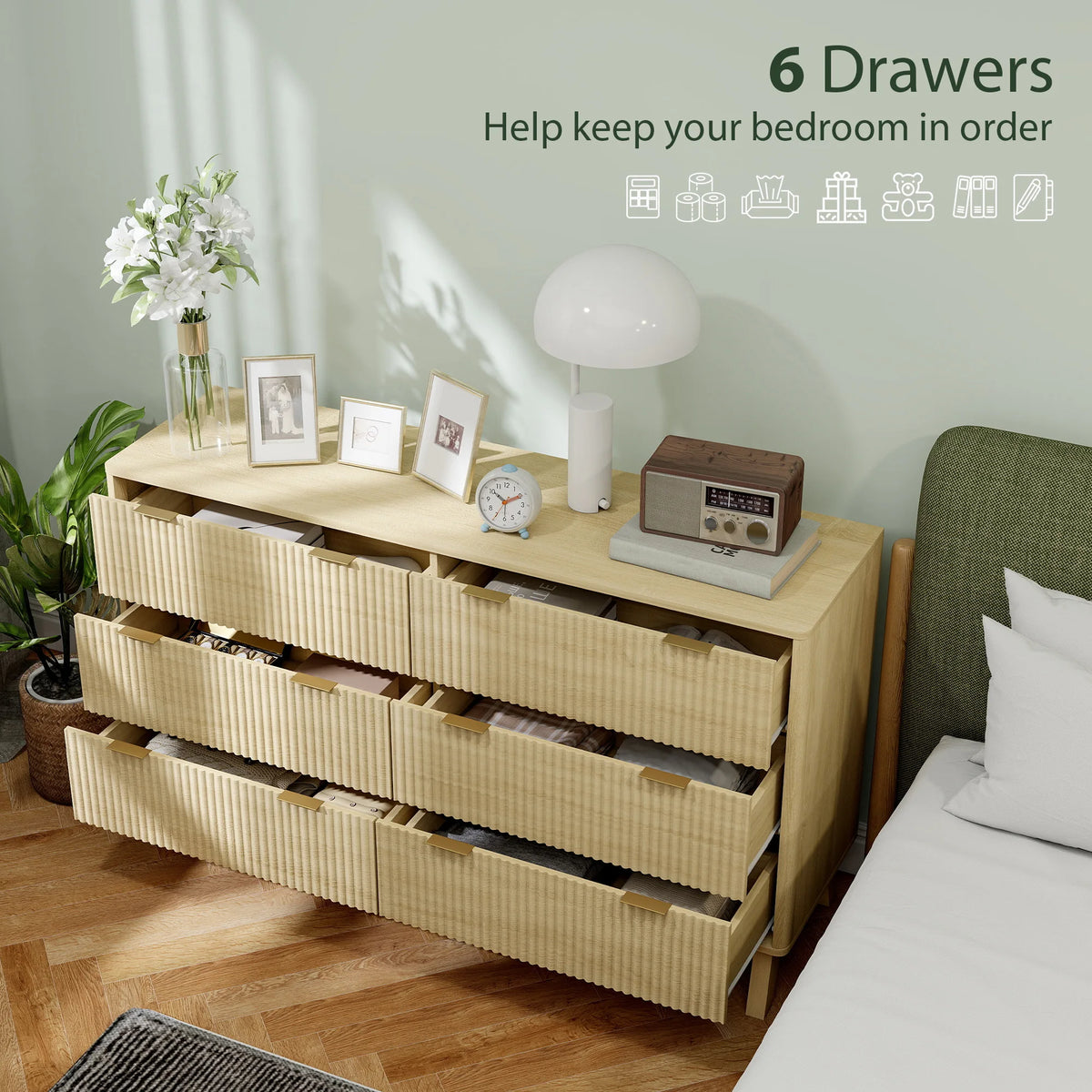 Fluted Dresser for Bedroom with 6 Drawers, 54" Wide Chest of Drawers with Gold Finger Pulls and 5 Wood Legs, Natural Wood