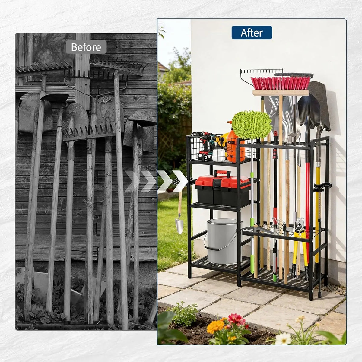 Heavy Duty 3 Tier Garden Tool Organizer With 35 Long Handled Slots Basket And Hooks Yard Storage Rack Tool Holder For Garage Shed And Lawn