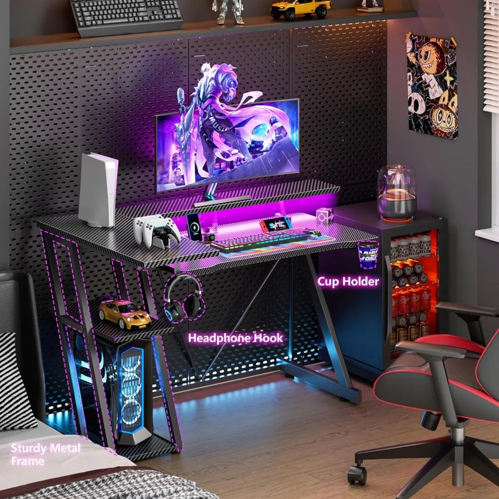 Premium 40 Inch Gaming Desk with Power Outlet & LED Lights, L Shaped Computer Gaming Table with 3 Tiers Storage Shelves, Corner