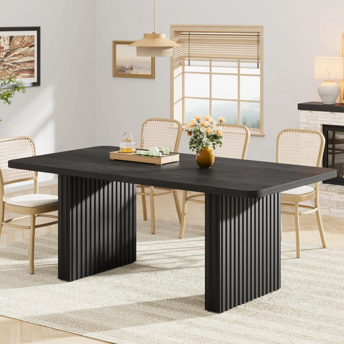 71" Industrial Dining Table for 6-8, Rectangular Dining Table with 3.6"×22.9" Black Fluted Wave Metal Legs,