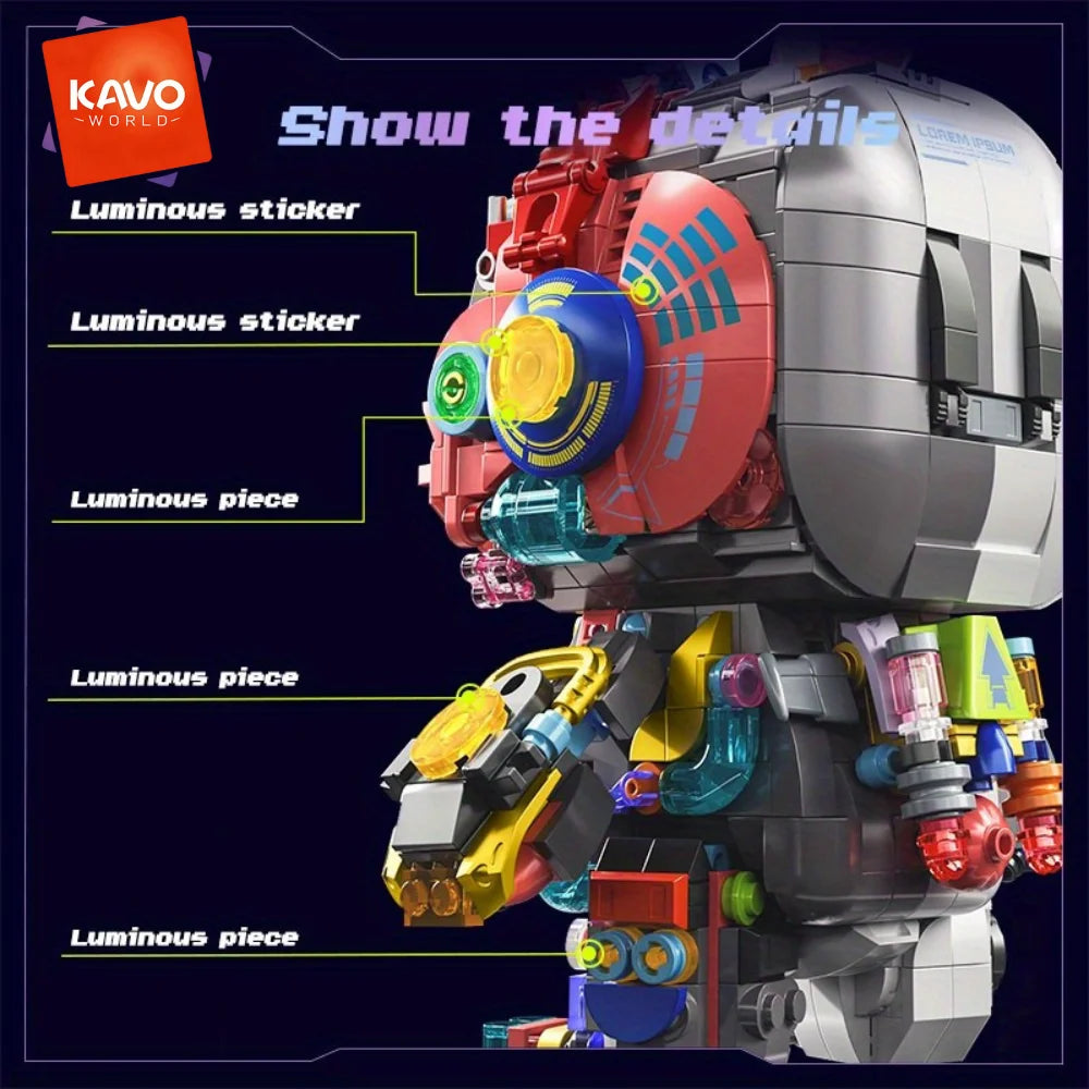 KAVOWORLD Cyberpunk Mechanical Rabbit Building Blocks Set LED Light Up Glow-in-the-Dark Bunny Bricks Kit with Gold-plated Parts Semi-transparent Disassembly Design Collectible Desk Decor for Teens Adults Birthday Christmas Gi