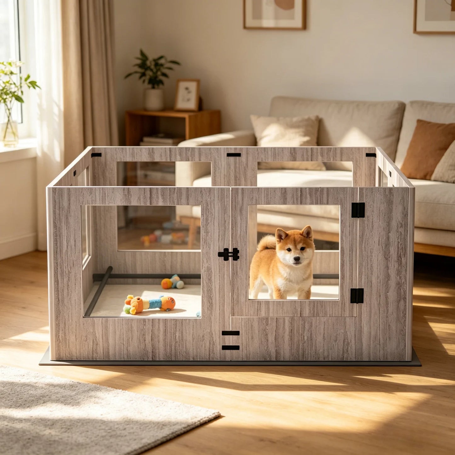 8 Panels Tempered Glass Dog Puppies Playpen for Indoor Pet Whelping Pen Exercise Fence Box Cage with Waterproof Fertility Pad