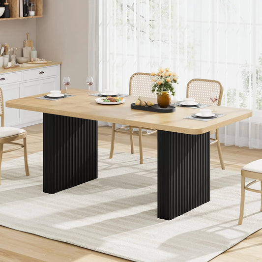 71" Industrial Dining Table for 6-8, Rectangular Dining Table with 3.6"×22.9" Black Fluted Wave Metal Legs,