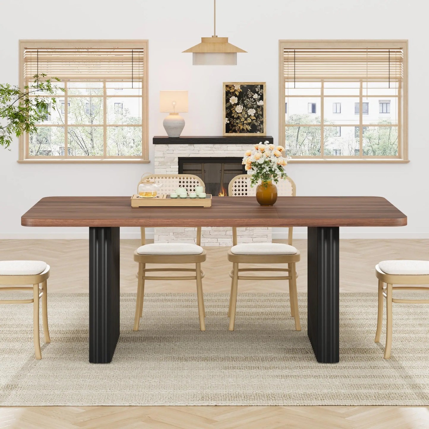 71" Industrial Dining Table for 6-8, Rectangular Dining Table with 3.6"×22.9" Black Fluted Wave Metal Legs,