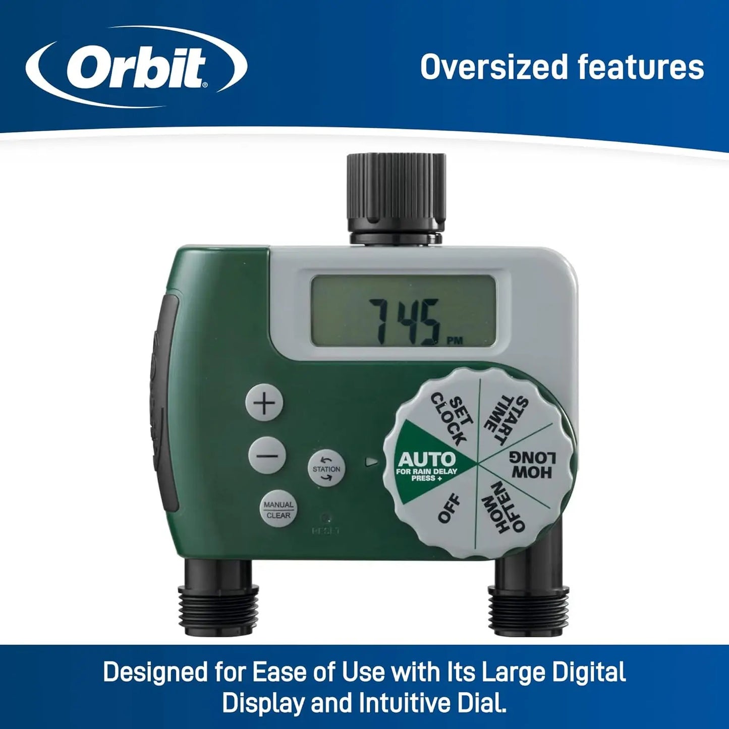 2-Outlet Digital Water Timer with LCD, Rain Delay, Water-Resistant