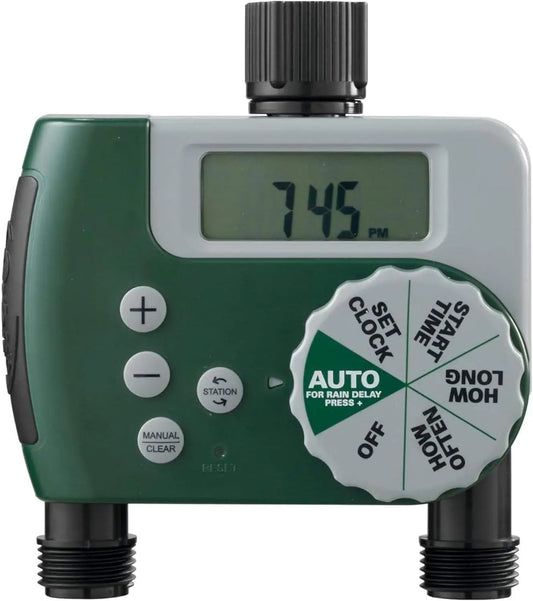 2-Outlet Digital Water Timer with LCD, Rain Delay, Water-Resistant