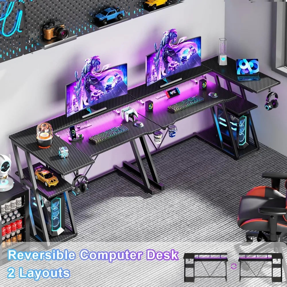 Premium 40 Inch Gaming Desk with Power Outlet & LED Lights, L Shaped Computer Gaming Table with 3 Tiers Storage Shelves, Corner