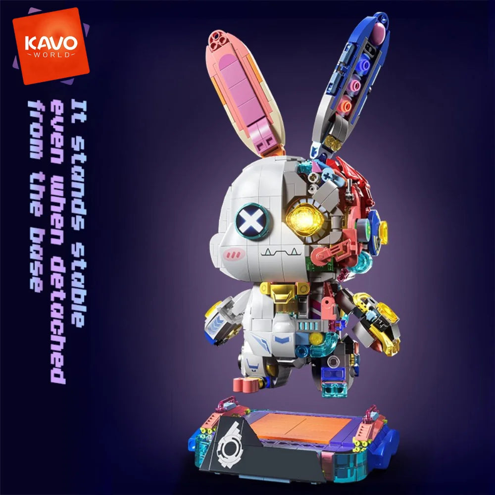 KAVOWORLD Cyberpunk Mechanical Rabbit Building Blocks Set LED Light Up Glow-in-the-Dark Bunny Bricks Kit with Gold-plated Parts Semi-transparent Disassembly Design Collectible Desk Decor for Teens Adults Birthday Christmas Gi