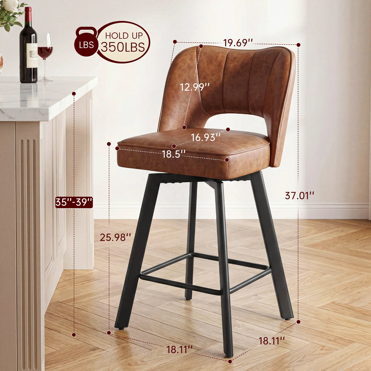 EnHomee Dining Chairs 2Pcs, 26" Counter Height Faux Leather Swivel Chair, Hollow Backrest Metal Legs 350lbs Kitchen Island Furniture
