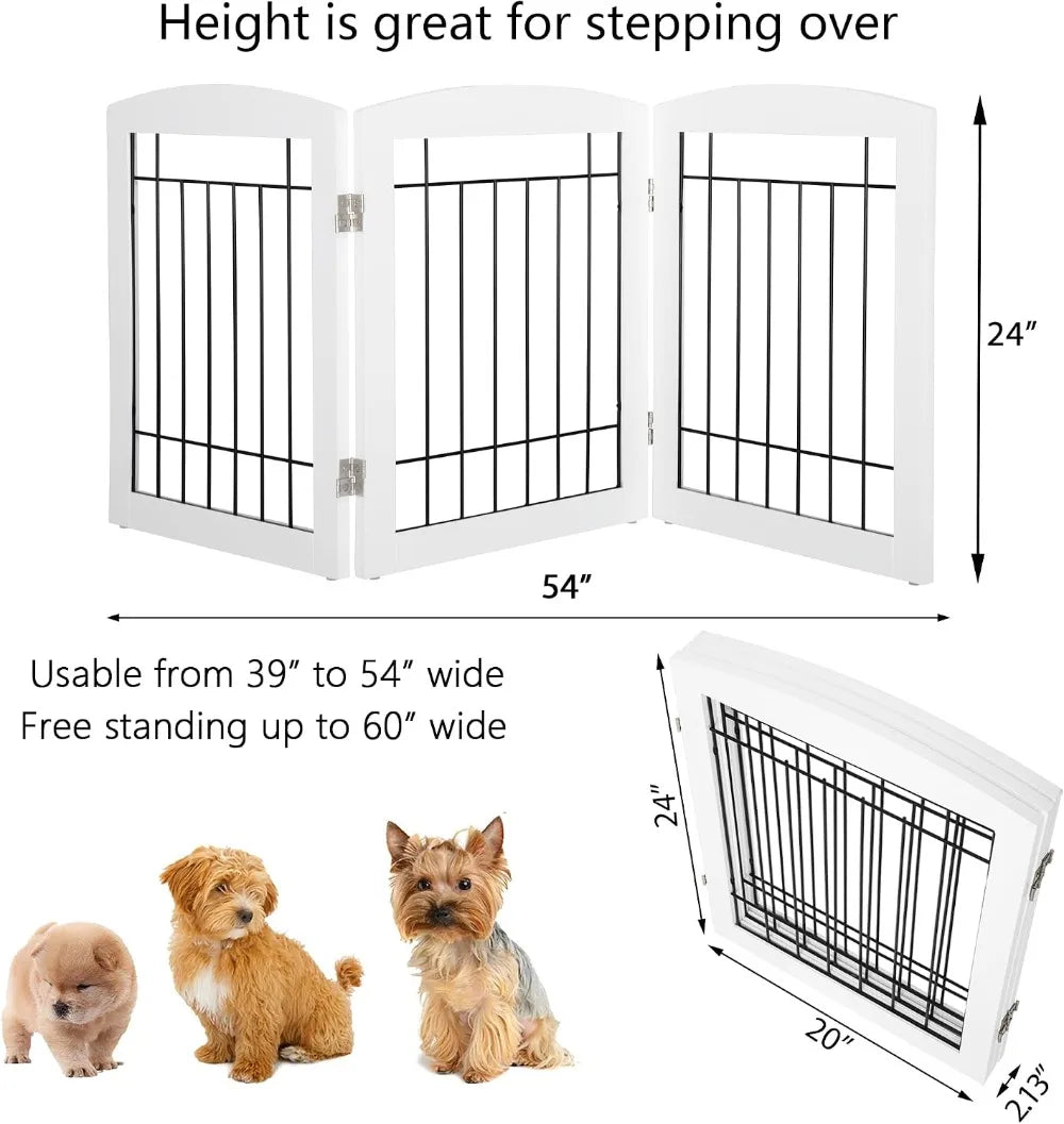 Free Standing Dog Gate for House, Stairs, Doorways - Foldable Wooden Pet Fence, 60"W x 24"H, 3 Panels, White