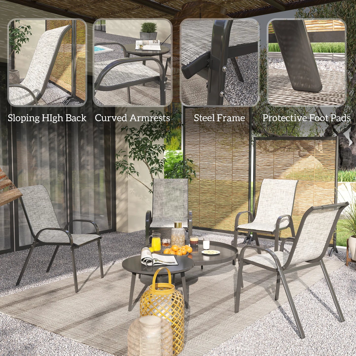 Set of 4 Patio Dining Chairs, Stackable Outdoor Chairs, Mixed Gray