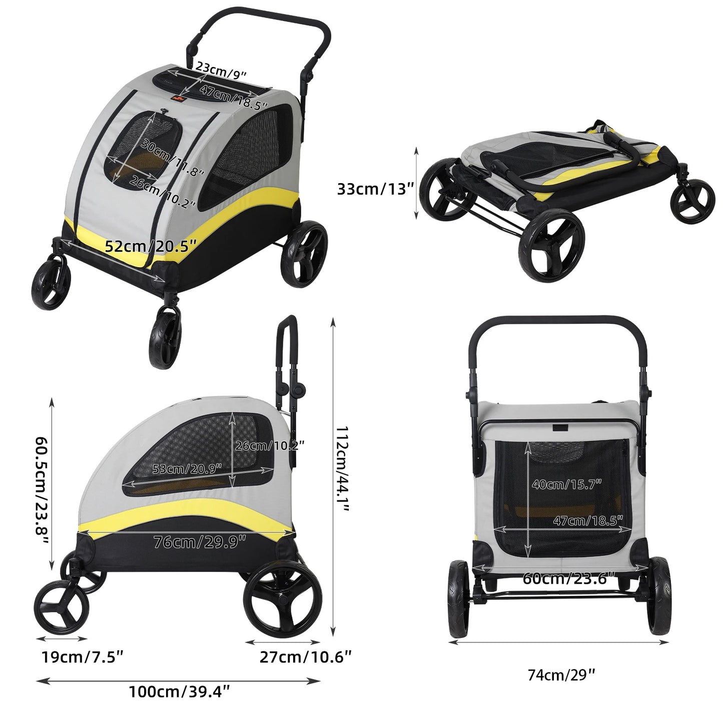 Dog Stroller for 2 Dogs Pet Jogger Wagon Travel Carriage with Zipper Divider and 4 Wheels Foldable Rolling Pet Carrier Cart Pram