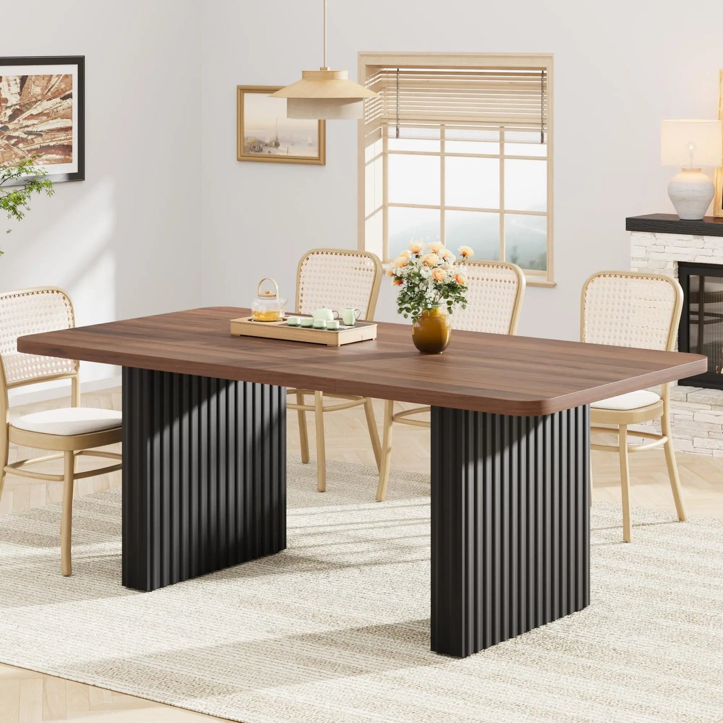 71" Industrial Dining Table for 6-8, Rectangular Dining Table with 3.6"×22.9" Black Fluted Wave Metal Legs,