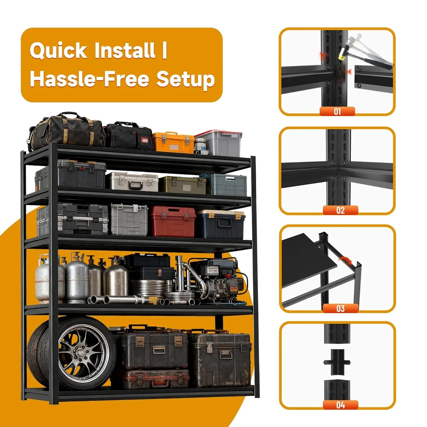 5 Tier Heavy Duty Garage Shelving 72''H X 40''W Metal Storage Shelves Adjustable 3000 Lbs Capacity Customized Organization