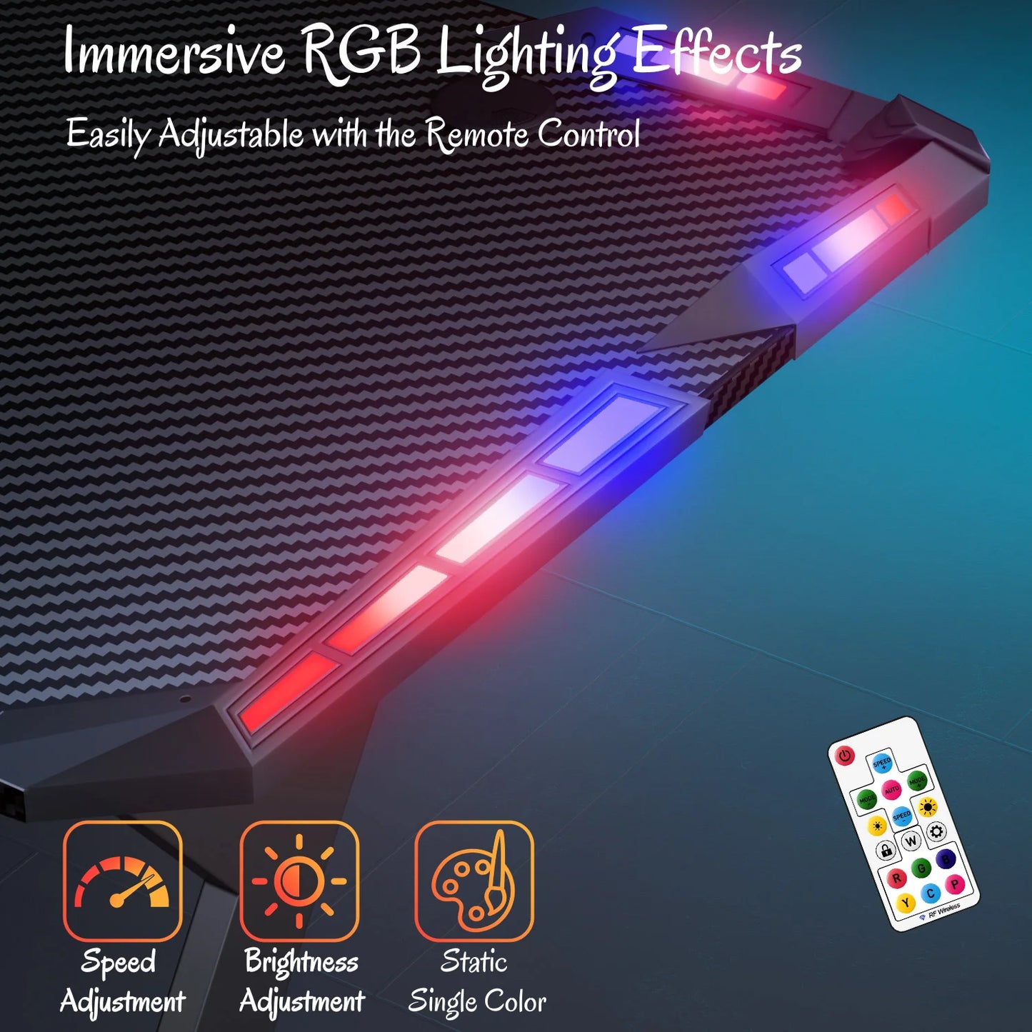 Y‑Shaped Gaming Desk with RGB LED Lights, Ergonomic Carbon‑Fiber Surface PC Workstation Table with Headphone Hook & Cup Holder
