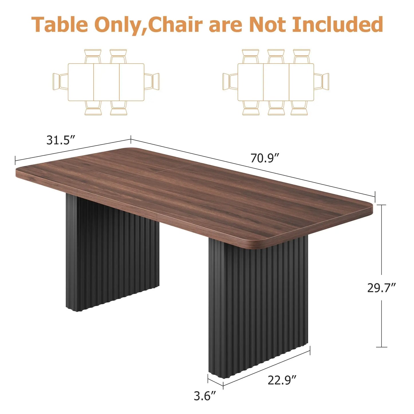 71" Industrial Dining Table for 6-8, Rectangular Dining Table with 3.6"×22.9" Black Fluted Wave Metal Legs,