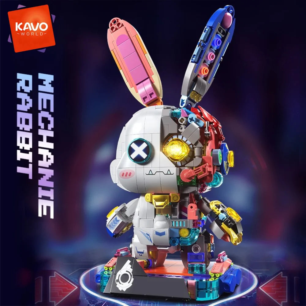 KAVOWORLD Cyberpunk Mechanical Rabbit Building Blocks Set LED Light Up Glow-in-the-Dark Bunny Bricks Kit with Gold-plated Parts Semi-transparent Disassembly Design Collectible Desk Decor for Teens Adults Birthday Christmas Gi