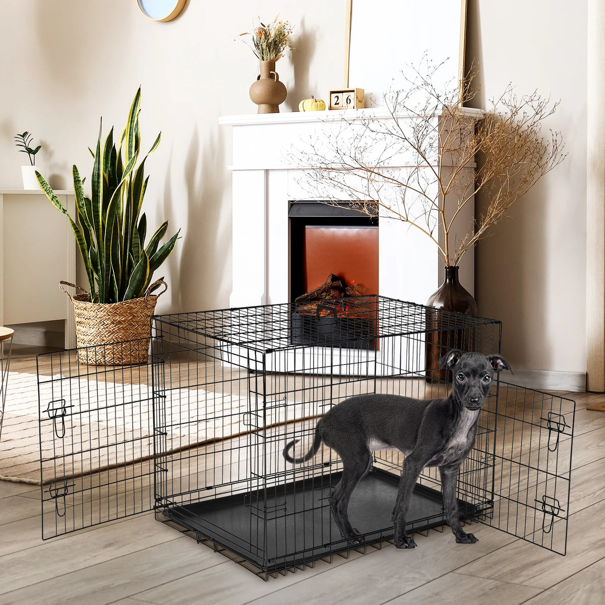 JHK 48 Inch Double Door Folding Metal Wire Dog Cage with Plastic Leak-Proof Pan Tray Extra Large Pet Kennel for Outdoor Travel