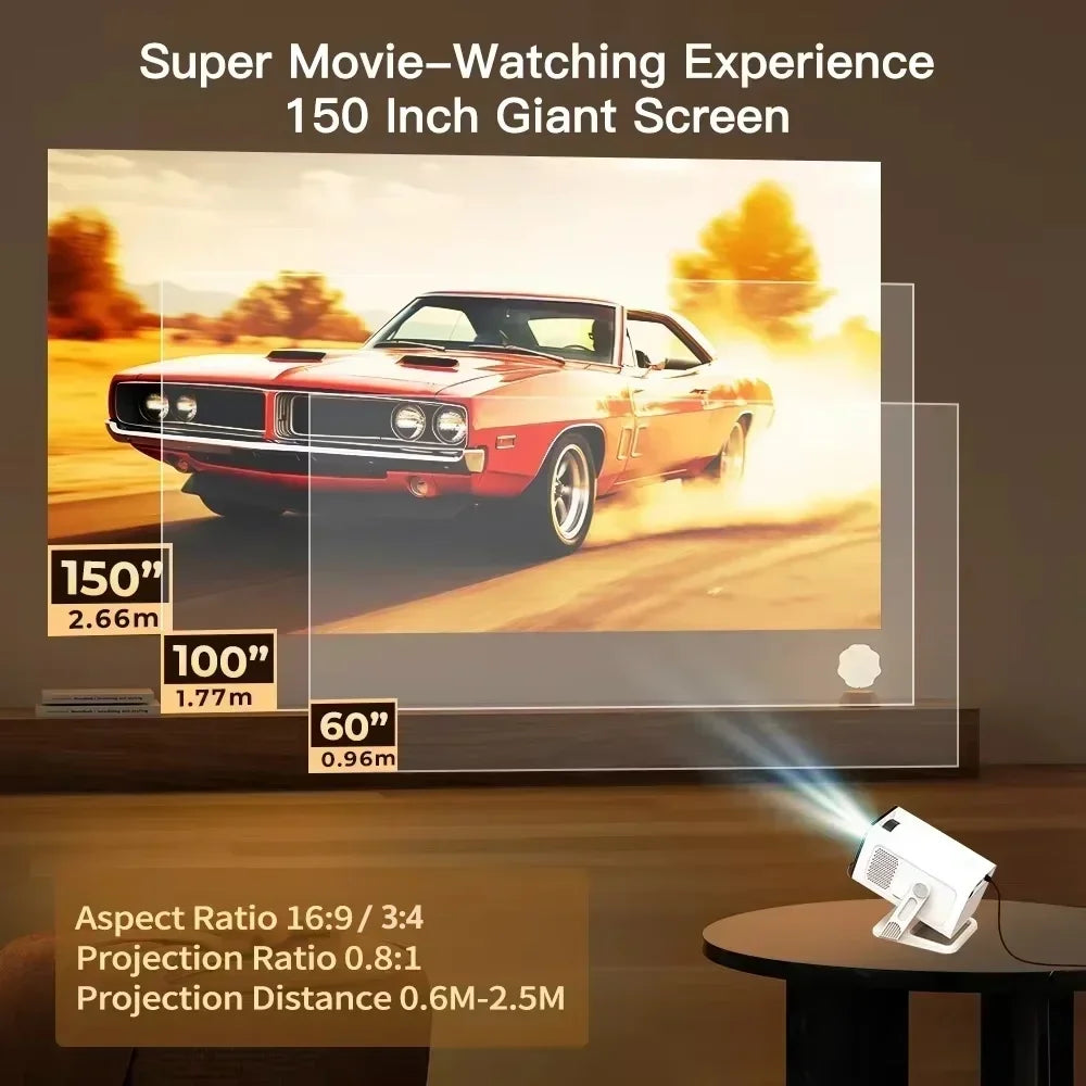 Mini Projector with Wifi6 and BT5.4 1080P 4K Support Android 11 Auto Keystone 180° Flexible Portable Beamer for Home Theater Use