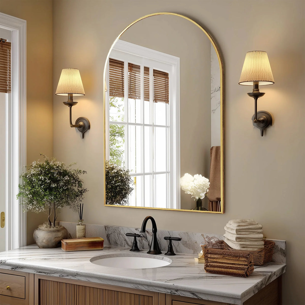 JHK 26"x38" Arched Metal Framed Bathroom Mirrors for Wall  Hanging Mirror Glass Mirror Modern Wall Decor For Bedroom Entryway