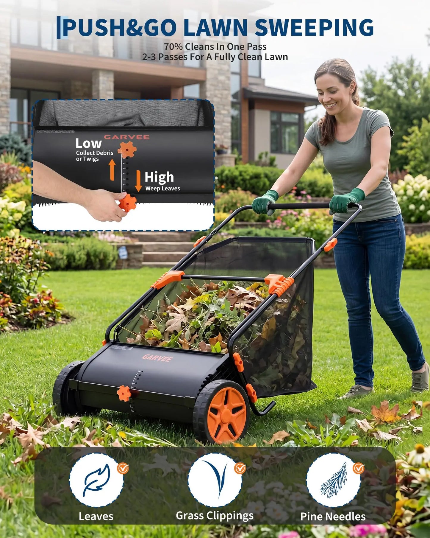 21-Inch Push Lawn Sweeper, Yard Leaf Grass Sweeper With Large Collection Bag, 4 Brushes, Steel Frame, 10'' Wheels, Height Adjustable