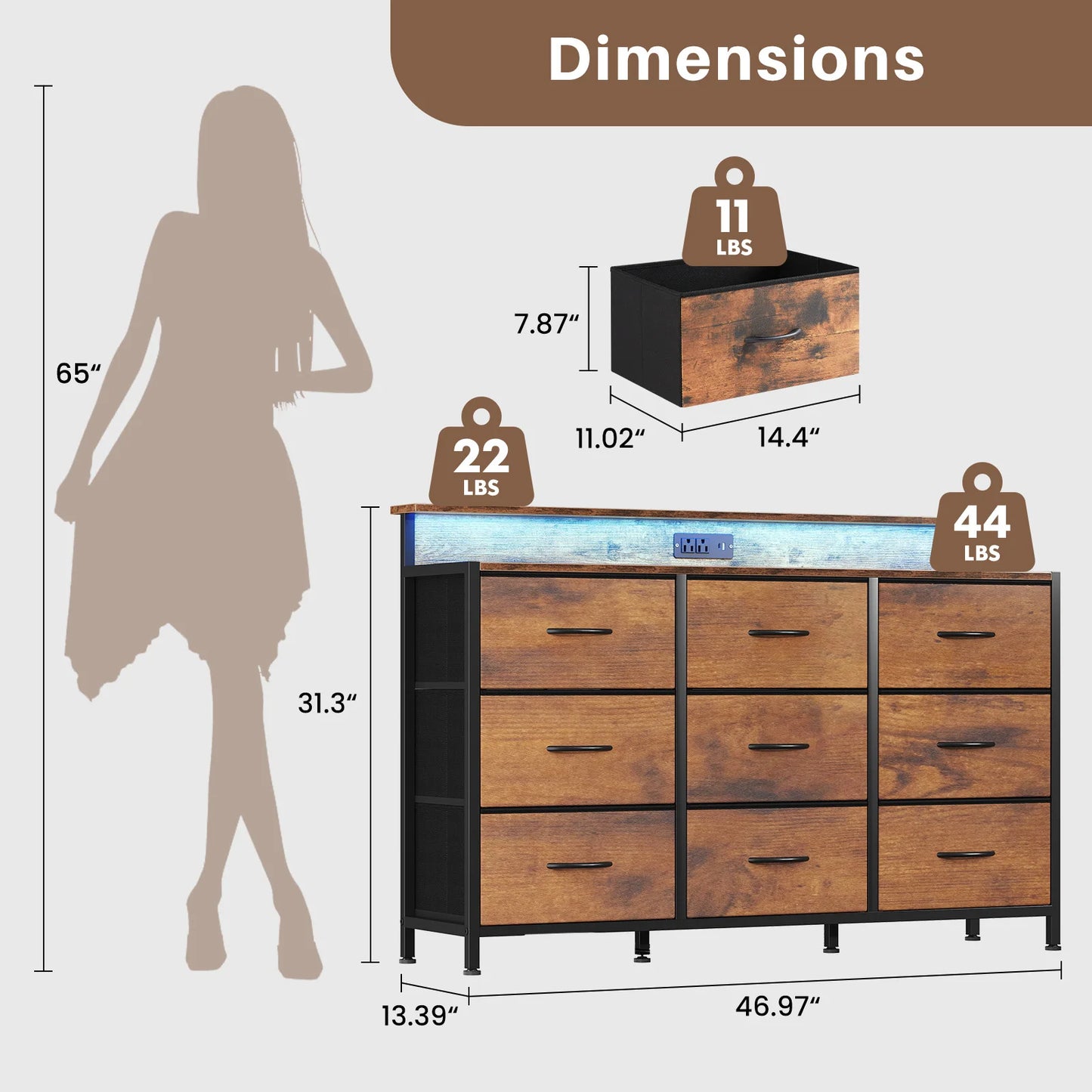 MCQ Living Room TV Stand Cabinet For 32-52 inch 9 Fabric Drawers Wood Top Media Console with Storage Display Of Home Furniture