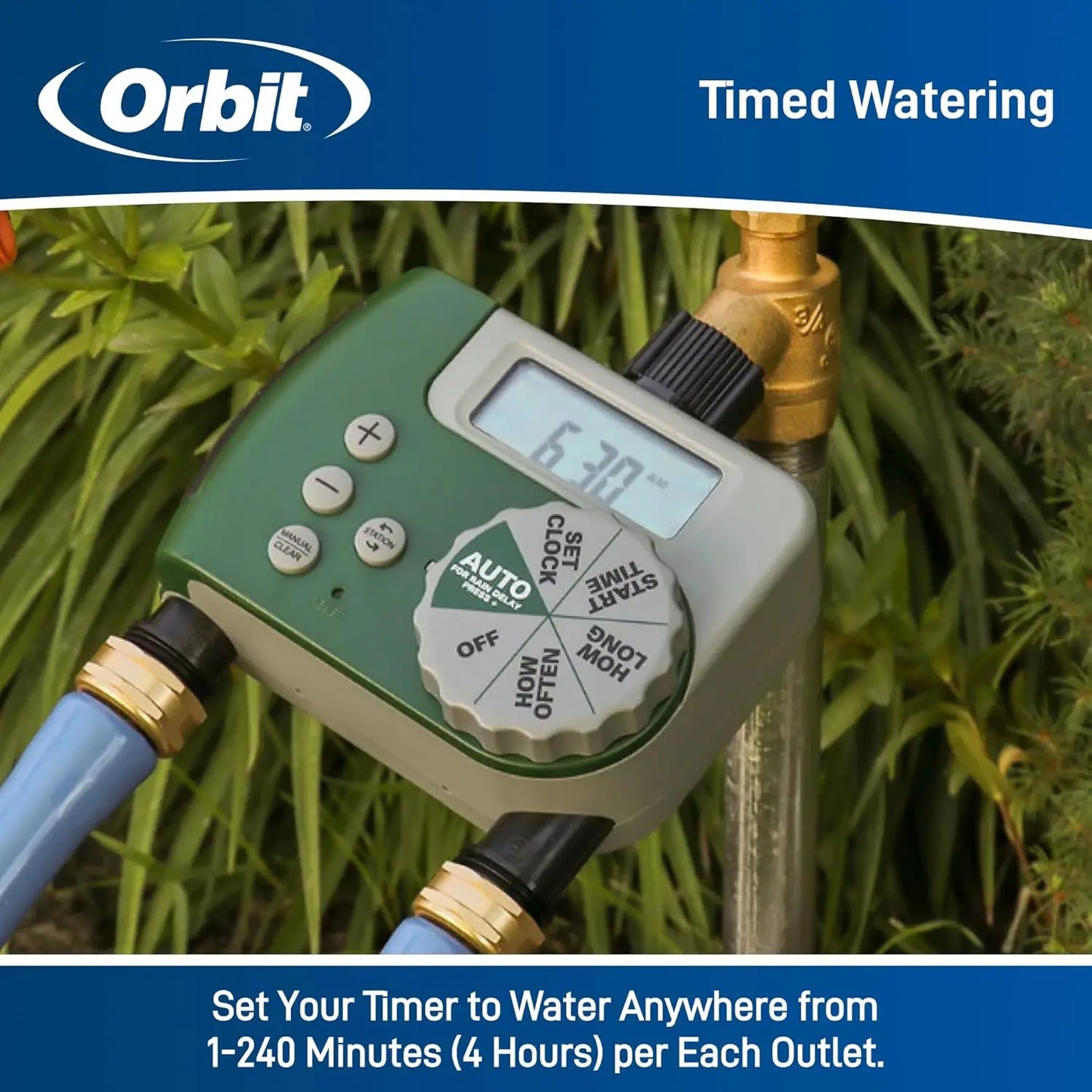 2-Outlet Digital Water Timer with LCD, Rain Delay, Water-Resistant