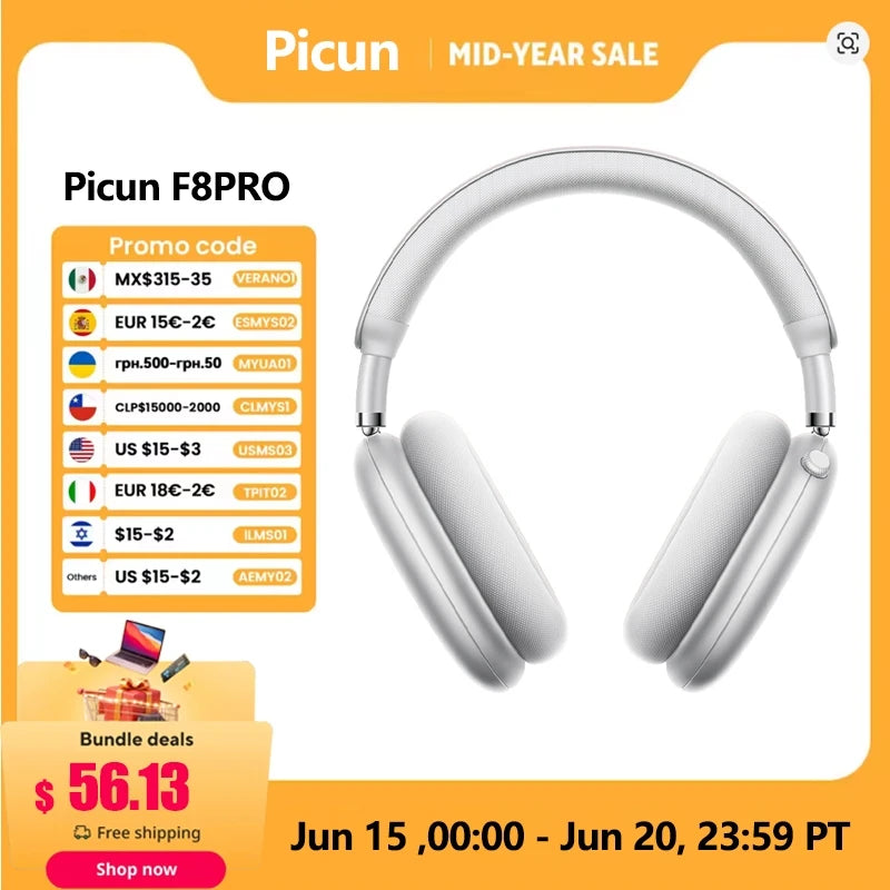 Picun F8 Pro ANC Wireless Headphones Head Tracking 3D Spatial Audio -52dB ANC HIFI Bluetooth Headset ENC HD Mic Low-Latency APP
