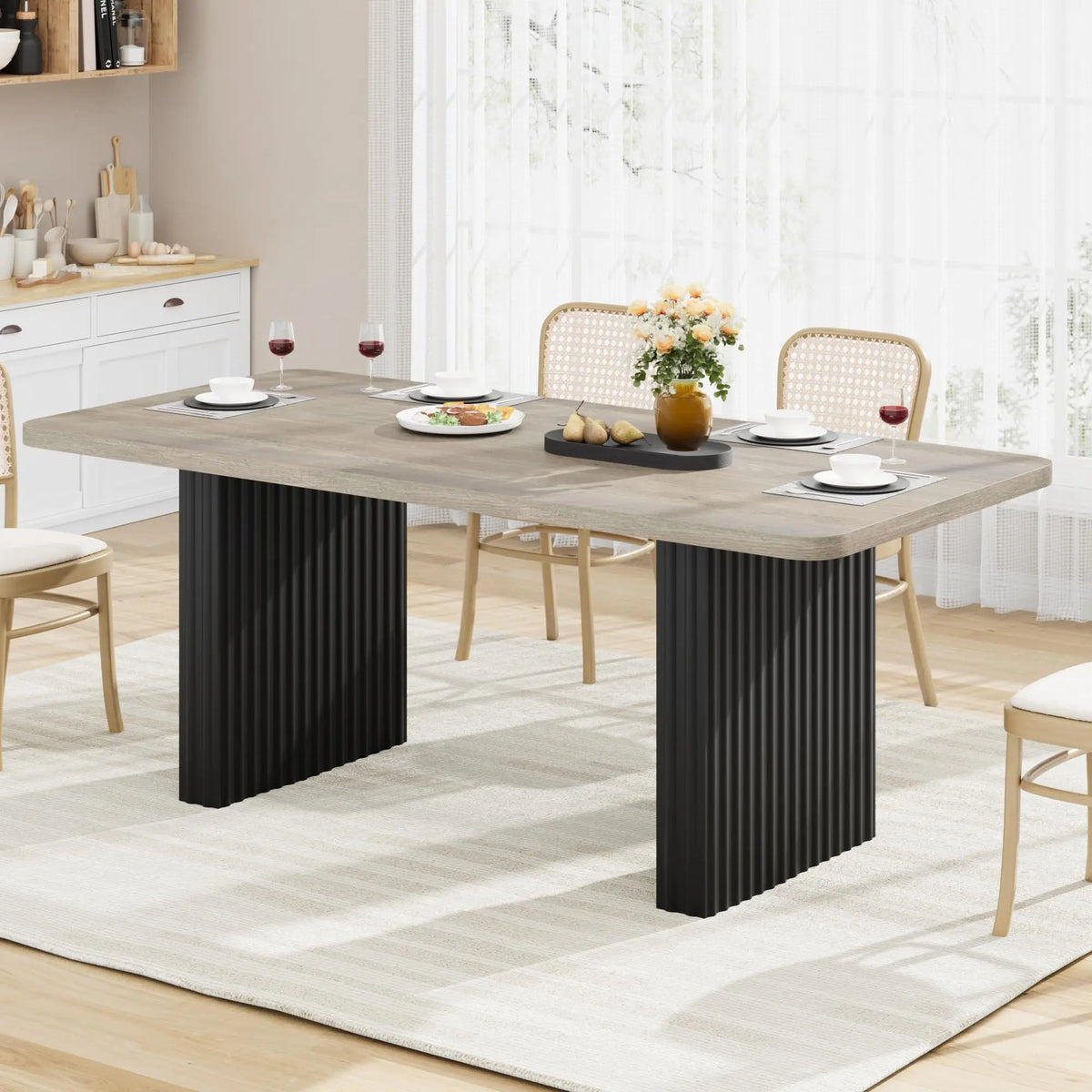 71" Industrial Dining Table for 6-8, Rectangular Dining Table with 3.6"×22.9" Black Fluted Wave Metal Legs,