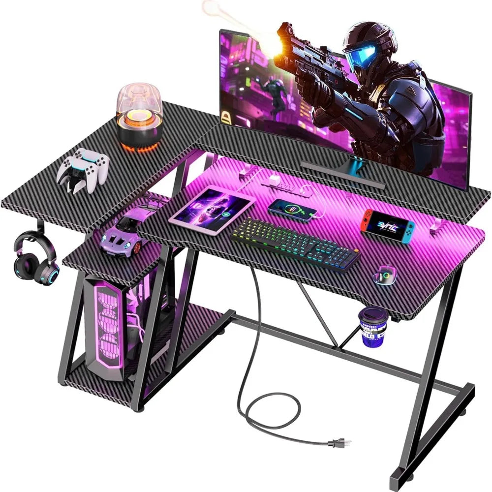 Premium 40 Inch Gaming Desk with Power Outlet & LED Lights, L Shaped Computer Gaming Table with 3 Tiers Storage Shelves, Corner