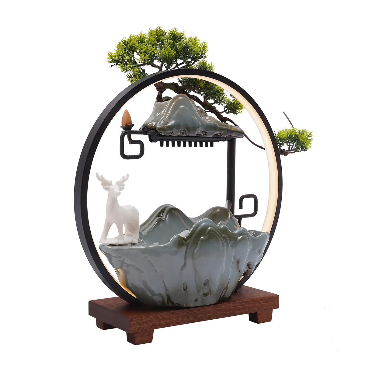 110V Ceramic Tabletop Fountain With Mist LED Deer Figurine Pine Branches Easy Setup Quiet For Indoor Meditation Feng Shui Decor