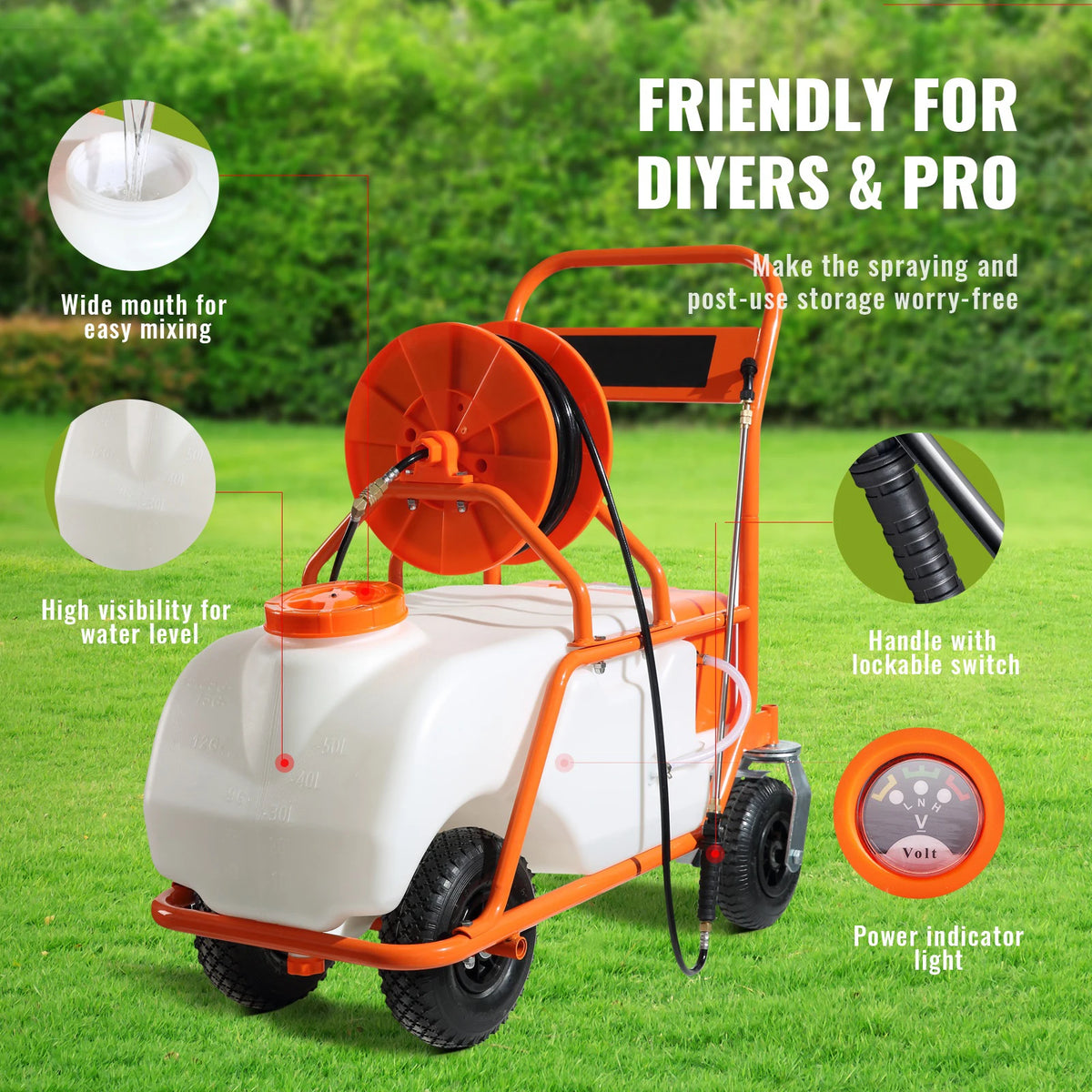 SucceBuy Battery Powered 15 Gal Garden Weed Sprayer with Wheeled Cart 126FT Hose with Reel 8 Nozzles 2 Wands with Lock for Crop
