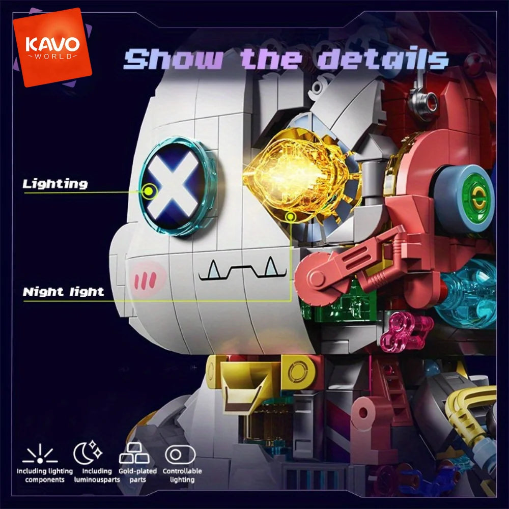 KAVOWORLD Cyberpunk Mechanical Rabbit Building Blocks Set LED Light Up Glow-in-the-Dark Bunny Bricks Kit with Gold-plated Parts Semi-transparent Disassembly Design Collectible Desk Decor for Teens Adults Birthday Christmas Gi