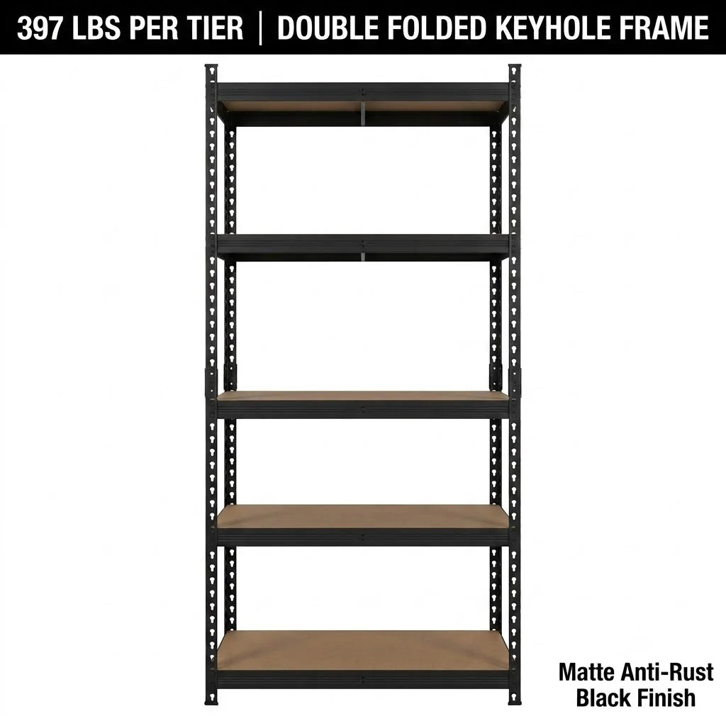 5-Tier Heavy Duty Boltless Storage Rack, 397 LBS Per Tier, Double Folded Keyhole Metal Frame, Matte Black Rust-Proof Finish, 5mm High-Density MDF Boards, 77.95×39.37×15.75 Inch Adjustable Organizer for Garage, Basement, War
