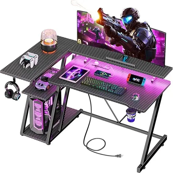 Premium 40 Inch Gaming Desk with Power Outlet & LED Lights, L Shaped Computer Gaming Table with 3 Tiers Storage Shelves, Corner