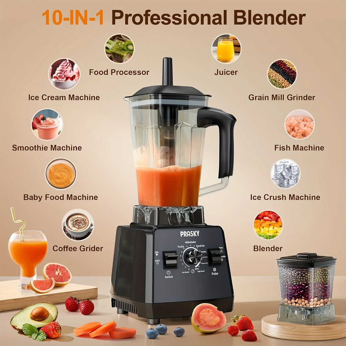 PRASKY 2400W Blender and Grinder Combo 25000RPM Powerful Kitchen 68oz BPA Free 2 Containers Professional  Blenders Ice Crushing