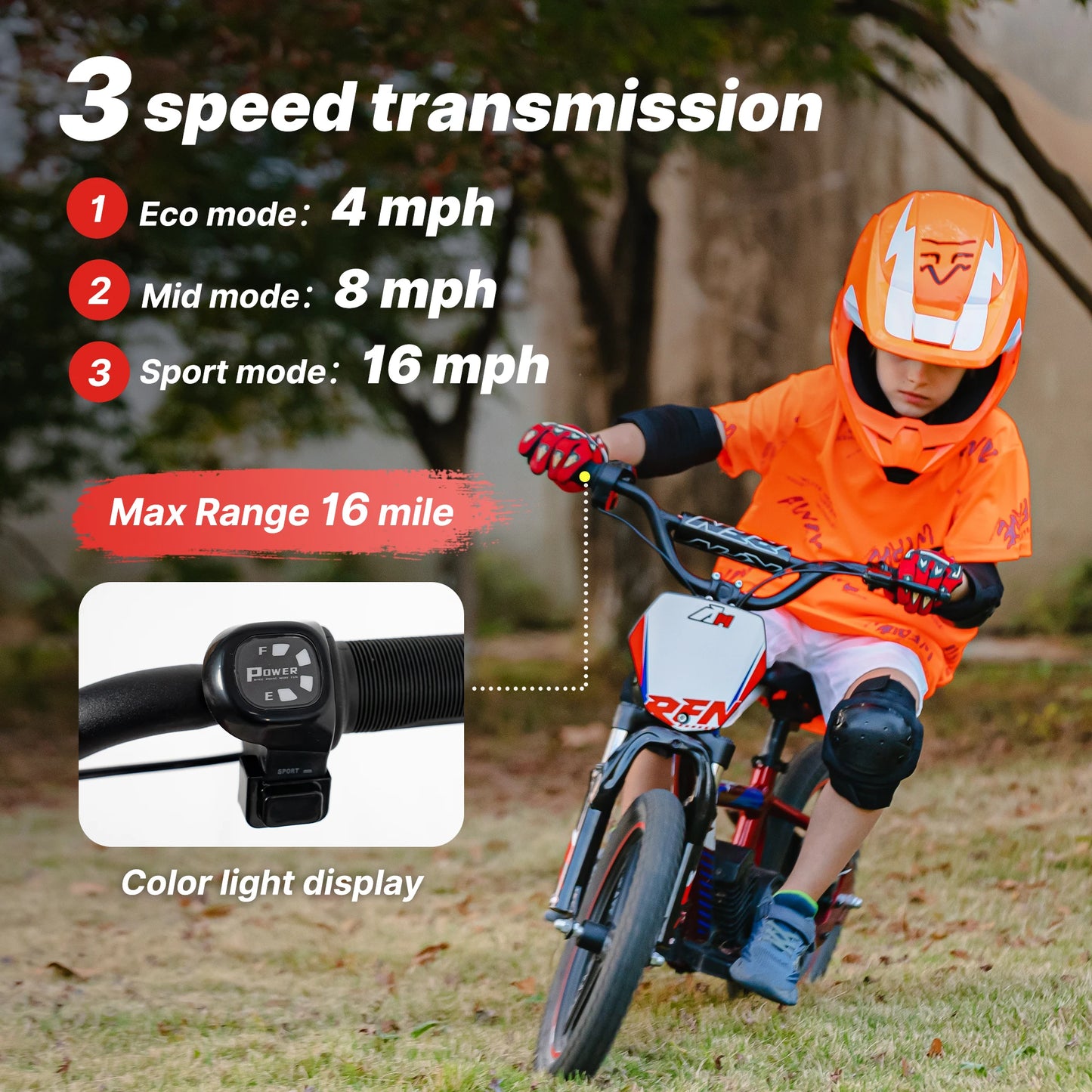 RFN Electric Dirt Bike, Max 500W Motor Balance Bike for Kids,16 MPH & 3 Speed &16IN Off-Road Tires Ebike for Aged 4+
