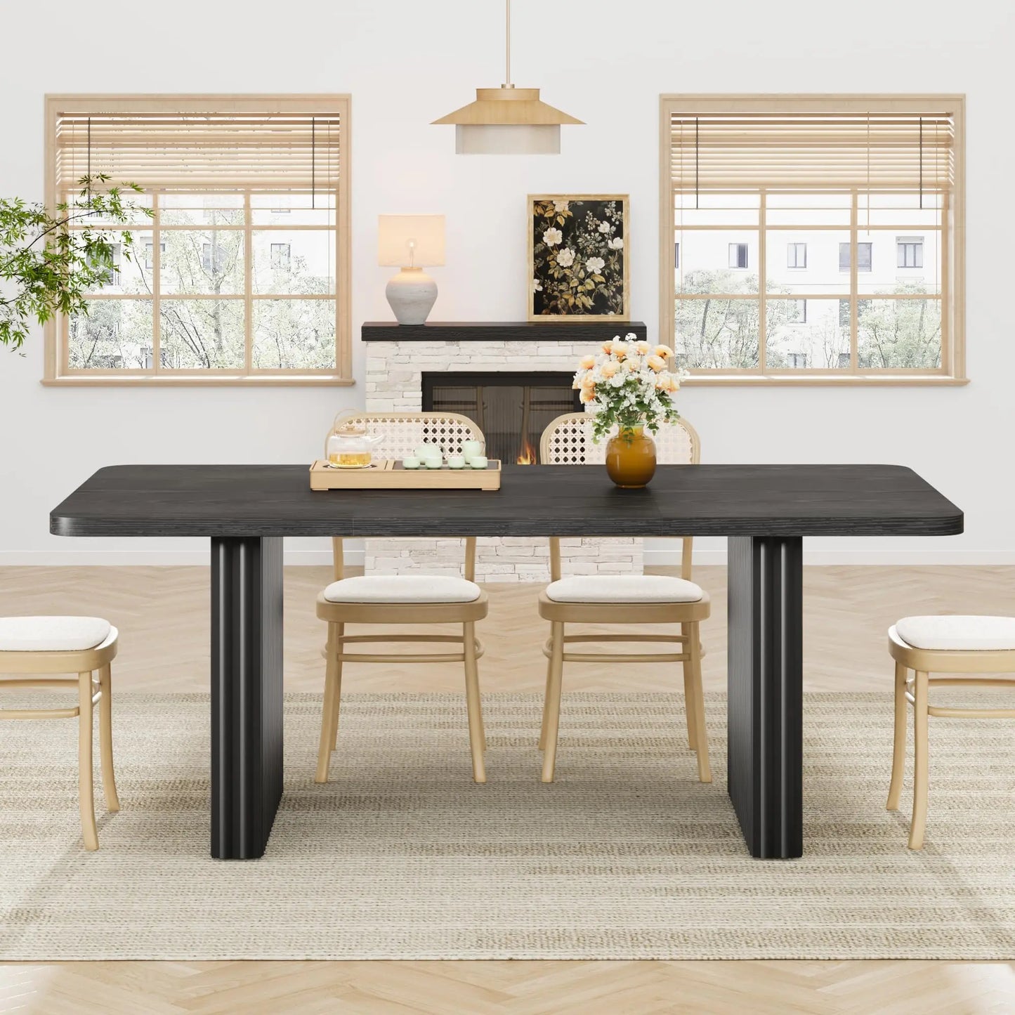 71" Industrial Dining Table for 6-8, Rectangular Dining Table with 3.6"×22.9" Black Fluted Wave Metal Legs,