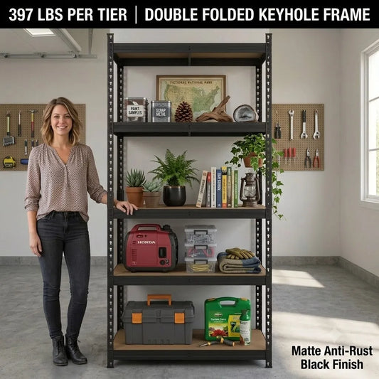 5-Tier Heavy Duty Boltless Storage Rack, 397 LBS Per Tier, Double Folded Keyhole Metal Frame, Matte Black Rust-Proof Finish, 5mm High-Density MDF Boards, 77.95×39.37×15.75 Inch Adjustable Organizer for Garage, Basement, War