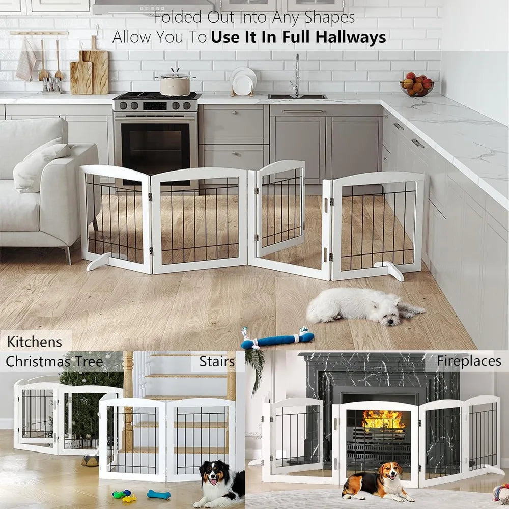 Free Standing Dog Gate for House, Stairs, Doorways - Foldable Wooden Pet Fence, 60"W x 24"H, 3 Panels, White