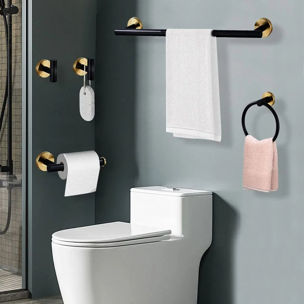 Black Gold Bathroom Hardware Set Accessories Wall Mounted Stainless Steel Towel Bar Towel Ring Toilet Paper Holder Hook Bathroom